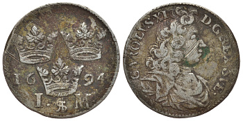 Швеция 1 марка 1694 AS, Карл XI (1660-1697) KM 295 серебро 00-816-75