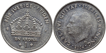 Швеция 1 крона 2004 Карл XVI Густав (1973- ) KM 894 медно-никель 177-641