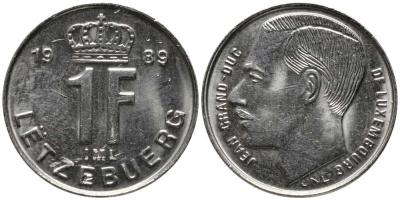 ЛЮКСЕМБУРГ 1 ФРАНК 1989 ВЕЛИКИЙ ГЕРЦОГ ЖАН (1964-2000) KM 63 никель сталь 112-657