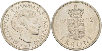 Дания 1 крона 1982 B; B, Маргрете II (1972-) KM 862.2 медно-никель 4388-1117