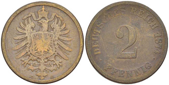 ГЕРМАНИЯ 2 ПФЕННИГА 1874 С, СТАРОГЕРБОВКА KM 2, J. 2, Weege 3 медь 212-443