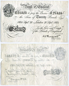 Англия 20 фунтов 1934 Лондон, 20 сентября, Операция "Бернхард", фальшивка в ущерб денежному обращению PW № RB173, Pick 337 a бумага 451-129-1