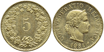 Швейцария 5 раппенов 1981 KM 26с алюминий латунь 4396-1127