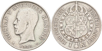 Швеция 1 крона 1928 G, Густав V (1907-1950) KM 786.2 серебро 4385-315