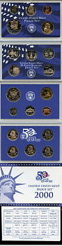 США официальный набор из 10 монет, в 2 пластиковых сетах 2000 годовой набор и юбилейные монет 25 центов, в оригинальной коробке, сертификат KM PS 199   PROOF  8-2-03-12