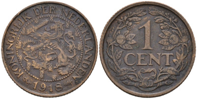Нидерланды 1 цент 1918 Вильгельмина (1890-1948) KM 152 бронза 4576-724