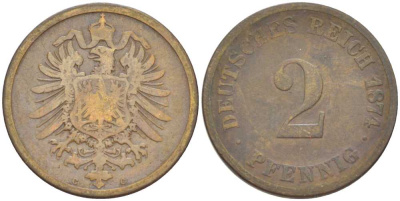 ГЕРМАНИЯ 2 ПФЕННИГА 1874 С, СТАРОГЕРБОВКА KM 2, J. 2, Weege 3 медь 212-443