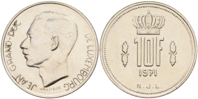 Люксембург 10 франков 1971 Великий герцог Жан (1964-2000) KM 57 никель    4140-1146