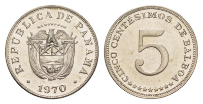 Панама 5 сентесимо 1970 тираж 9.528 экземпляров KM 23.2 медно-никель PROOF 1524-814