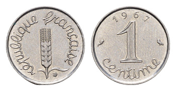 Франция 1 сантим 1967 KM 928, Le Franc 106.13 нержавеющая сталь 4685-1037