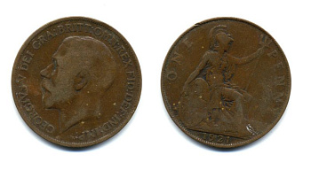 Великобритания 1 пенни 1921 Георг V (1910-1936) KM 810, Spink 4051 бронза 47-632