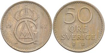 Швеция 50 эре 1962 Густав VI Адольф (1950-1973) KM 837 медно-никель UNC 106-355