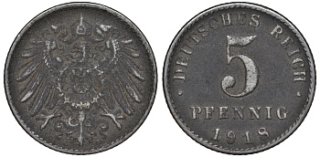 ГЕРМАНИЯ 5 ПФЕННИГОВ 1918 A KM 19, J. 297 железо 45-1146