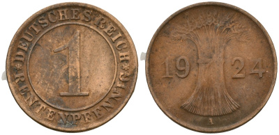 Германия 1 рентенпфенниг 1924 A KM 30, J. 306 бронза 4608-265
