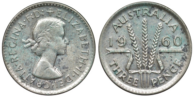 Австралия 3 пенса 1960 m, Елизавета II (1952-2022) KM 57 серебро 71-633
