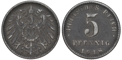 ГЕРМАНИЯ 5 ПФЕННИГОВ 1918 A KM 19, J. 297 железо 45-1146