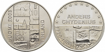 Финляндия 10 евро 2003 200 лет со дня смерти Андерса Чудениуса KM 110 серебро UNC 11-149-11
