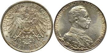 Пруссия 2 марки 1913 A, Вильгельм II (1888-1918), 25 лет правления (мундир) Weege 111, J. 111, KM 533 серебро UNC 00-00