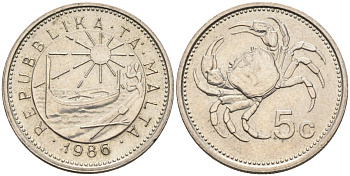 Мальта 5 центов 1986 краб KM 77 медно-никель 192-656