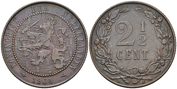 Нидерланды 2 1/2 цента 1904 Вильгельмина (1890-1948) KM 134 бронза 4575-856