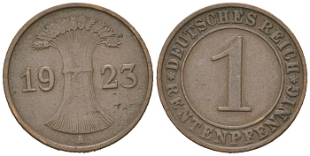 Германия 1 рентенпфенниг 1923 A KM 30 бронза 4617-351