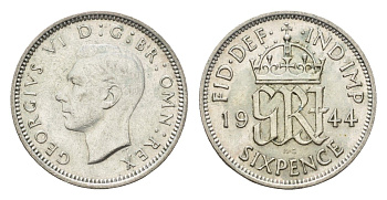 Великобритания 6 пенсов 1944 Георг VI (1936-1952) KM 852, Spink 4084 серебро 4392-1366