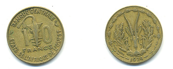 ЗАПАДНАЯ АФРИКА 10 ФРАНКОВ 1974 KM 1а алюминий никель бронза 86-1642