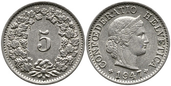 ШВЕЙЦАРИЯ 5 РАППЕНОВ 1947 KM 26 медно-никель 4528-638