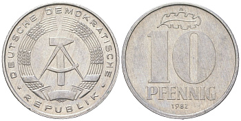 ГДР 10 пфеннигов 1982 A KM 10 алюминий aUNC 201-1043