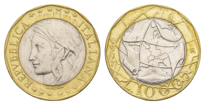 Италия 1000 лир 1997 Европейский Союз, ошибочная карта Европы - ГДР и ФРГ KM 190 биметалл UNC 4556-452