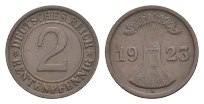 Германия 2 рентенпфеннига 1923 A KM 31, J. 307 бронза 4644-1056