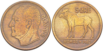 НОРВЕГИЯ 5 ЭРЕ 1962 ЛОСЬ, УЛАФ V (1957-1991) KM 405 бронза 215-133