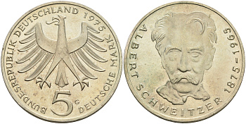 ФРГ 5 марок 1975 G, 100 лет со дня рождения Альберта Швейцара KM 143, J.418 серебро UNC 75-315