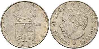 Швеция 1 крона 1966 U, Густав VI Адольф (1950-1973) KM 826 серебро 4150-216