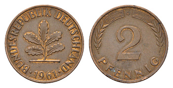 ФРГ 2 пфеннига 1961 G KM 106, J. 381 бронза 211-1157