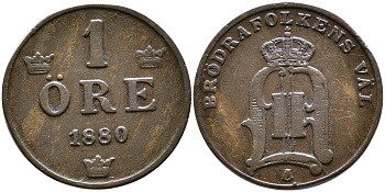 Швеция 1 эре 1880 Оскар II (1872-1907) король Швеции и Норвегии KM 750 бронза 84-935