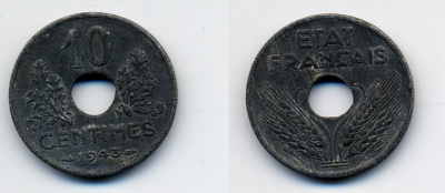 ФРАНЦИЯ 10 САНТИМОВ 1943 ПРАВИТЕЛЬСТВО ВИШИ KM 898.1 цинк 4384-1154