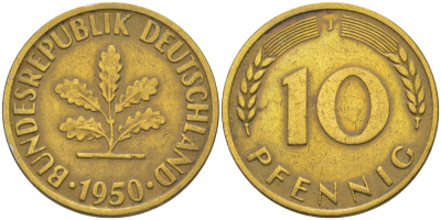 ФРГ 10 ПФЕННИГОВ 1950 J KM 108, J.383 сталь плакированная латунью 3718-732