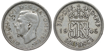 Великобритания 6 пенсов 1946 Георг VI (1936-1952) KM 852, Spink 4084 серебро 4124-743
