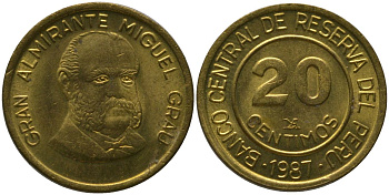 Перу 20 сентимо 1987 LIMA KM 294, Schon 95 латунь aUNC 4541-955