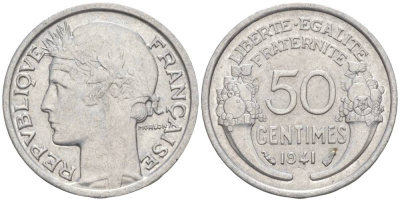 ФРАНЦИЯ 50 САНТИМОВ 1941 ТИП MORLON LOURDE KM 894.1a, LE FRANC 193.2 алюминий 44-217