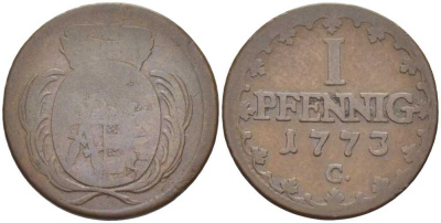 САКСОНИЯ 1 ПФЕННИГ 1773 С, ФРИДРИХ АВГУСТ III (1763-1806) KM 1000 (С91) медь 206-347