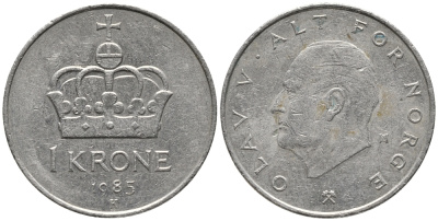 НОРВЕГИЯ 1 КРОНА 1985 ОЛАВ V (1957-1991) KM 419 медно-никель 28-1021