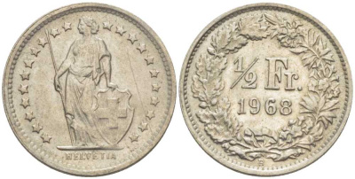 Швейцария 1/2 франка 1968 В KM 23а.1 медно-никель 112-1133
