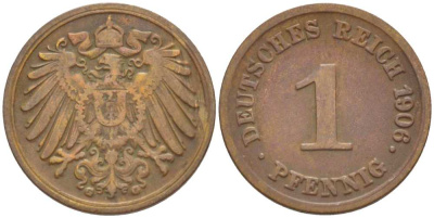 ГЕРМАНИЯ 1 ПФЕННИГ 1906 G KM 10, J. 10, Weege 2 медь 211-337