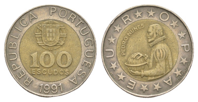 Португалия 100 эскудо 1991 Педру Нуниш (1502-1578), математик KM 645 биметалл 4514-224