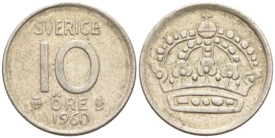 Швеция 10 эре 1960 Густав VI Адольф (1950-1973) KM 823 серебро 4147-927