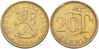 ФИНЛЯНДИЯ 20 ПЕННИ 1984 N KM 47 алюминиевая бронза 3853-1217