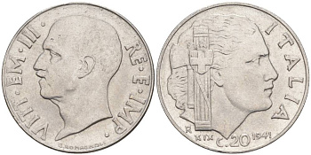 ИТАЛИЯ 20 ЧЕНТЕЗИМО 1941 R, ГОД XIX, ВИКТОР ЭММАНУИЛ III (1900-1946) KM 75b, VEM3. 1028 нержавеющая сталь 3853-656