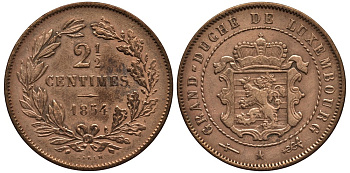 ЛЮКСЕМБУРГ 2 1/2 САНТИМА 1854 u, ГЕРЦОГ ВИЛЛЕМ III НИДЕРЛАНДСКИЙ (1849-1890), МОНДВОР УТРЕХТ КМ 21 бронза 4538-743